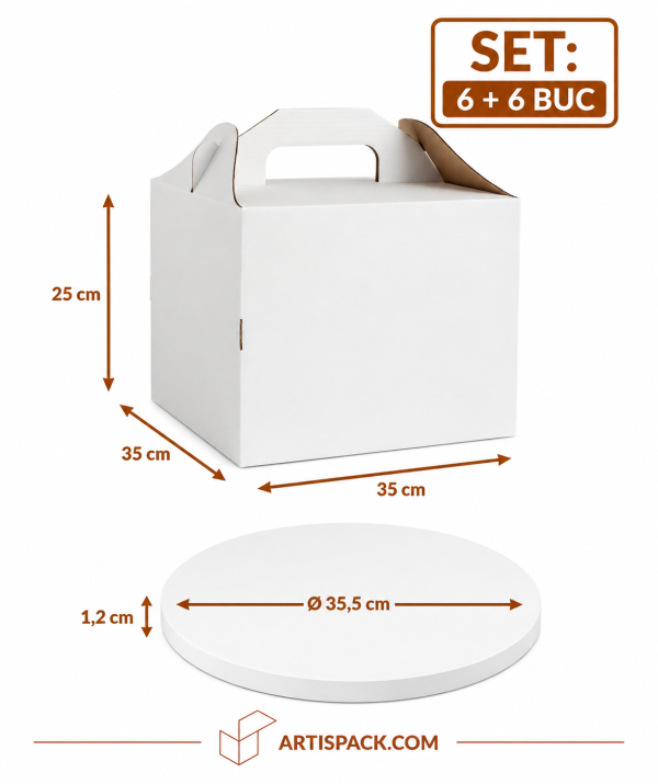 Set cutie tort cu maner 35x35x25 cm si platforma rotunda ArtisPack 6+6 bucati