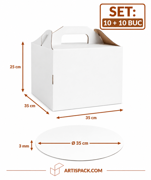 Cutie tort cu maner 35x35x25 cm cu disc gros O35 cm ArtisPack 10+10 buc Set cutie tort cu maner 35x35x25 cm si disc gros O35 cm ArtisPack 10+10 bucati