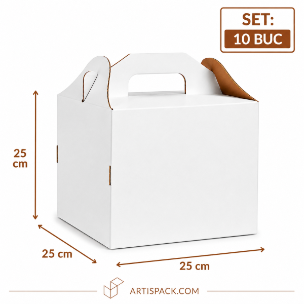 Cutie tort alb kraft cu maner 25x25x25 cm 10 buc ArtisPack Cutie tort cu maner 25x25x25 cm ArtisPack set 10 bucati