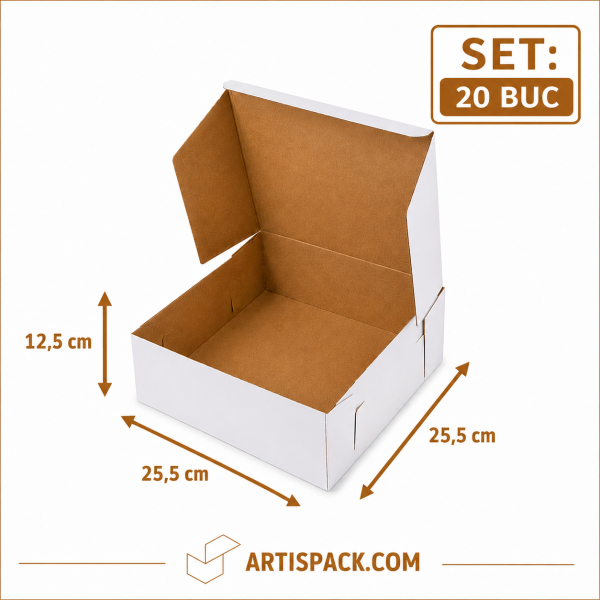 Cutie tort alb kraft ArtisPack 25,5x25,5x12,5 cm set 20 bucati