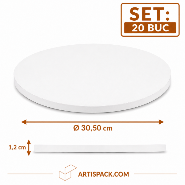 Platforma tort rotunda alba O30,50xH1,2 cm ArtisPack 20 buc Platforma tort rotunda alba 30 cm ArtisPack O30,50xH1,2 cm set 20 bucati