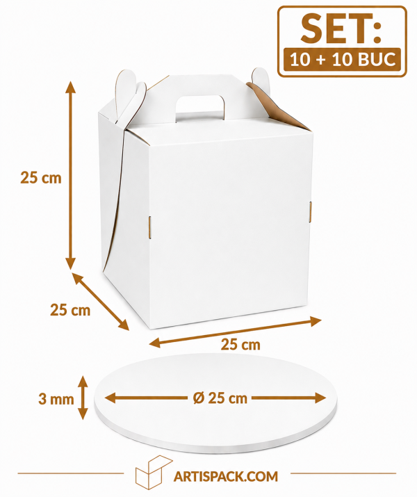 Cutie tort cu maner 25x25x25 cm cu disc gros O25 cm ArtisPack 10+10 buc Cutie tort cu maner 25x25x25 ArtisPack cu disc gros O25 cm 10+10 bucati