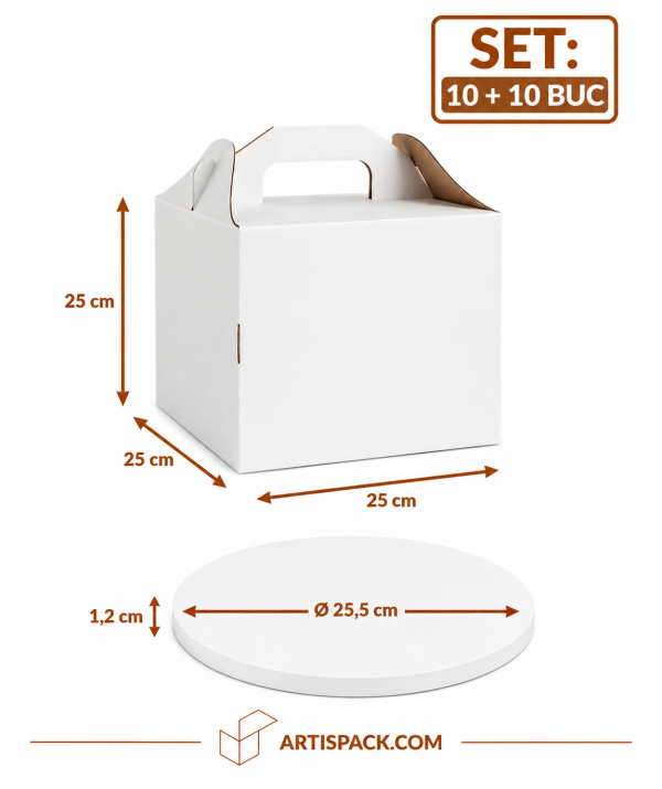Set cutie tort cu maner 25x25x25 cm si platforma rotunda ArtisPack 10+10 bucati