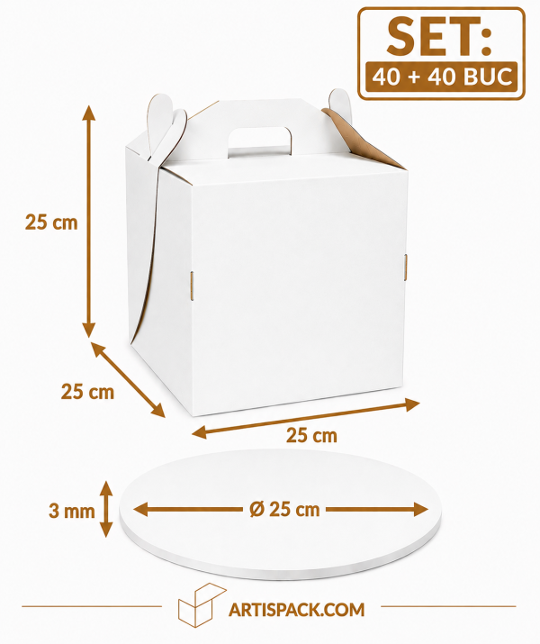 Cutie tort cu maner 25x25x25 cm cu disc gros O25 cm ArtisPack 40+40 buc Cutie tort cu maner 25x25x25 ArtisPack cu disc gros O25 cm 40+40 bucati