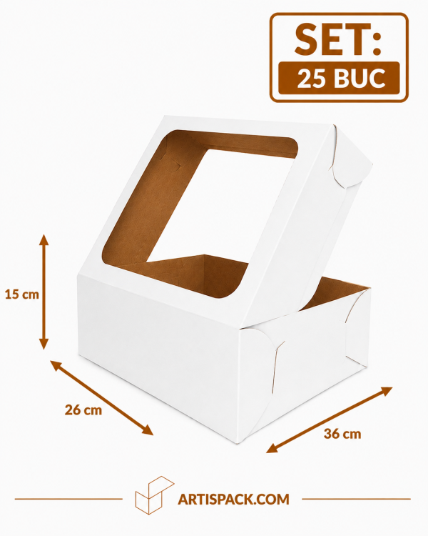 Cutie tort alb kraft cu geam 26x36x15 cm 50 buc ArtisPack Cutie tort cu geam 26x36x15 cm ArtisPack set 50 bucati