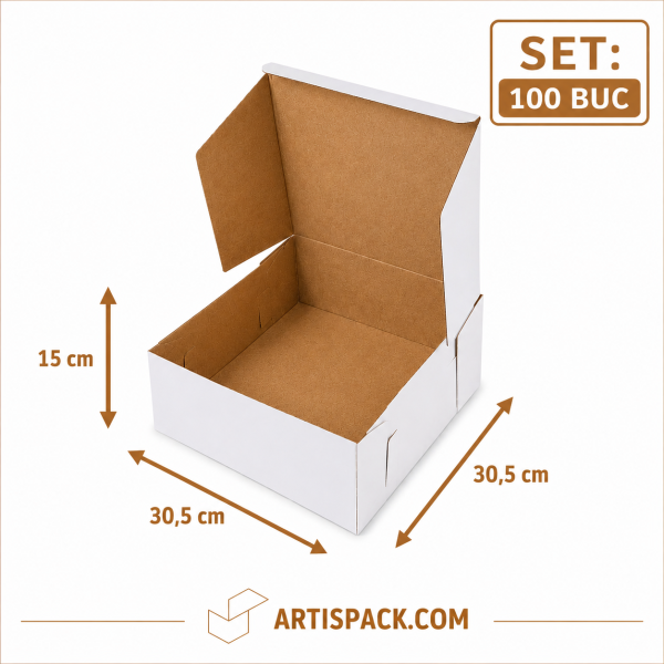 Cutie tort alb kraft ArtisPack 30,5x30,5x15 cm set 100 bucati