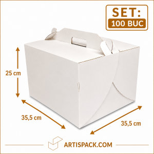 Cutie tort alb kraft cu maner ArtisPack 35,5x35,5x25 cm set 100 bucati