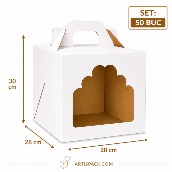 Cutie tort alb kraft cu geam 28x28x30 cm 50 buc ArtisPack Cutie tort cu geam 28x28x30 cm ArtisPack set 50 bucati