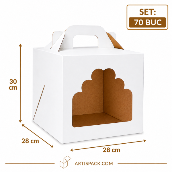 Cutie tort alb kraft cu geam 28x28x30 cm 70 buc ArtisPack Cutie tort cu geam 28x28x30 cm ArtisPack set 70 bucati