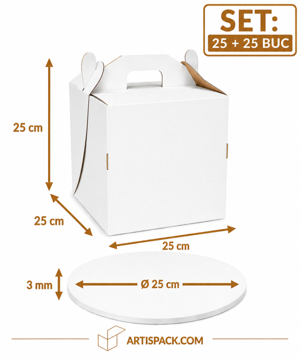 Cutie tort cu maner 25x25x25 cm cu disc gros O25 cm ArtisPack 25+25 buc Cutie tort cu maner 25x25x25 ArtisPack cu disc gros O25 cm 25+25 bucati