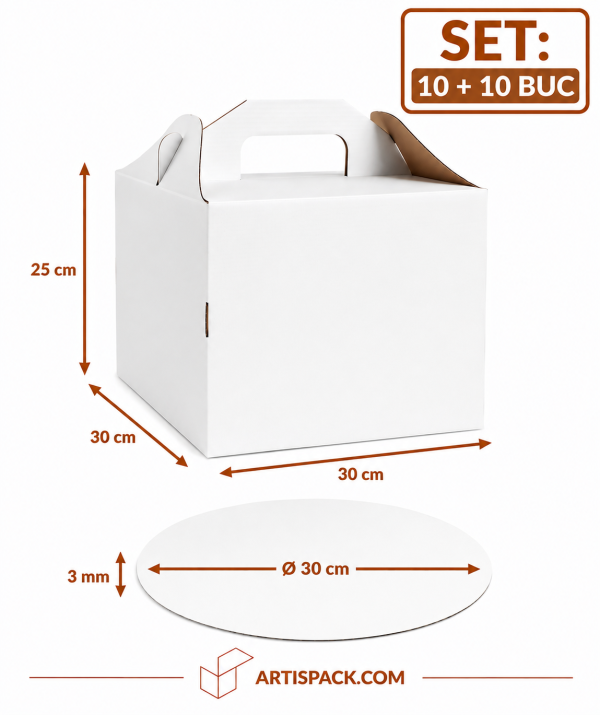 Cutie tort cu maner 30x30x25 cm cu disc gros O30 cm ArtisPack 10+10 buc Cutie tort cu maner si disc 30x30x25 ArtisPack set 10+10 bucati