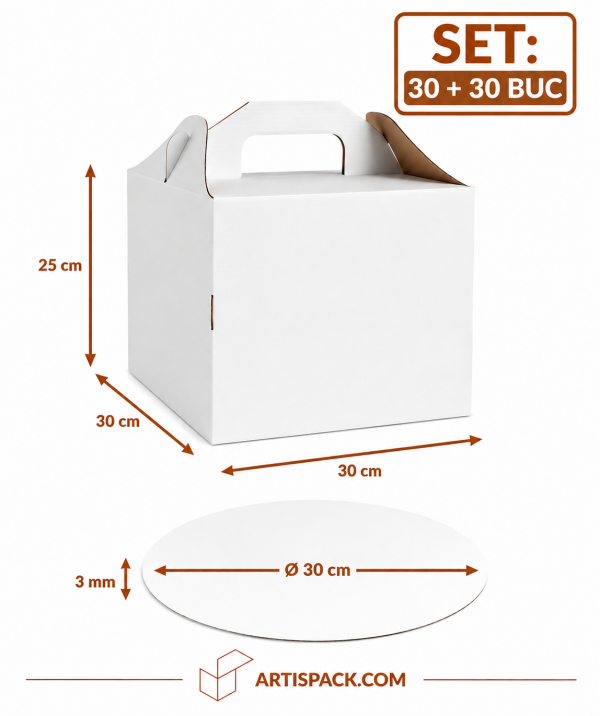 Cutie tort cu maner 30x30x25 cm cu disc gros O30 cm ArtisPack 30+30 buc Set cutie tort cu maner 30x30x25 cm si disc gros O30 cm ArtisPack 30+30 bucati