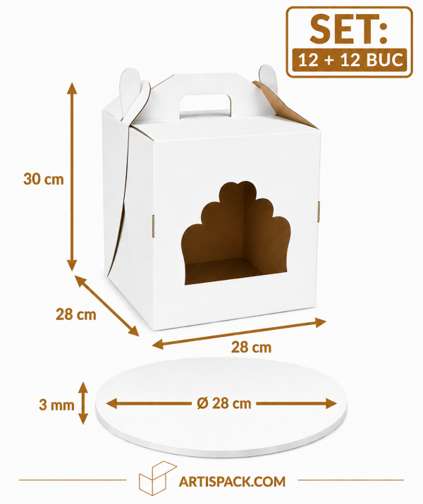 Cutie tort cu geam 28x28x30 cm cu disc gros O28 cm ArtisPack 12+12 buc Cutie tort cu geam 28x28x30 ArtisPack cu disc gros O28 cm 12+12 bucati