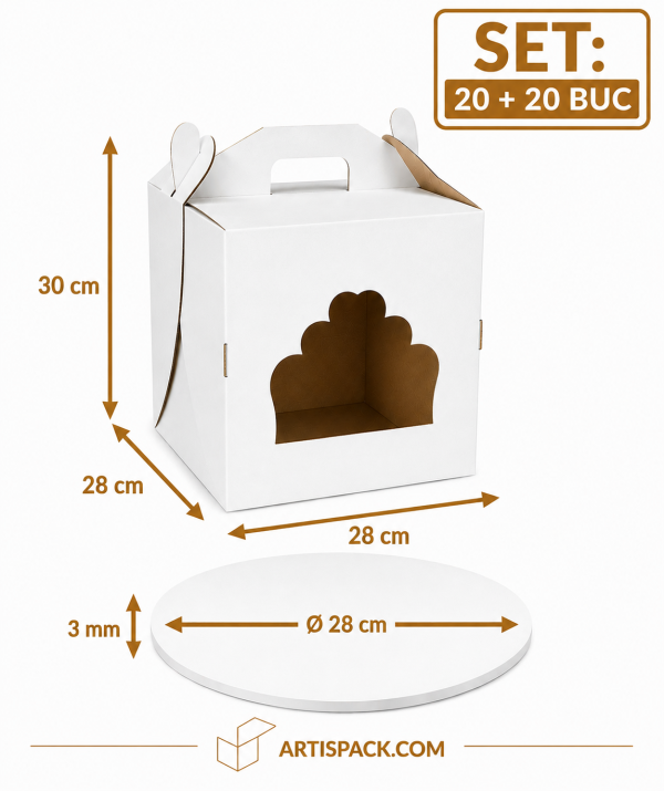 Cutie tort cu geam 28x28x30 cm cu disc gros O28 cm ArtisPack 20+20 buc Cutie tort cu geam 28x28x30 ArtisPack cu disc gros O28 cm 20+20 bucati