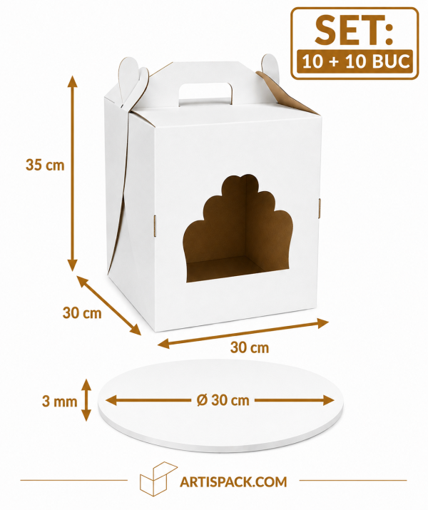 Cutie tort cu geam 30x30x35 cm cu disc gros O30 cm ArtisPack 10+10 buc Cutie tort cu geam 30x30x35 10 buc ArtisPack cu disc gros O30 cm