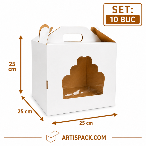 Cutie tort alb kraft cu geam ArtisPack 25x25x25 cm set 10 bucati