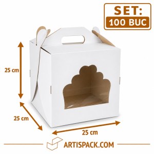 Cutie tort alb kraft cu geam ArtisPack 25x25x25 cm set 100 bucati
