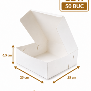 Cutie prajituri alba ArtisPack 25x25x6,5 cm set 50 bucati