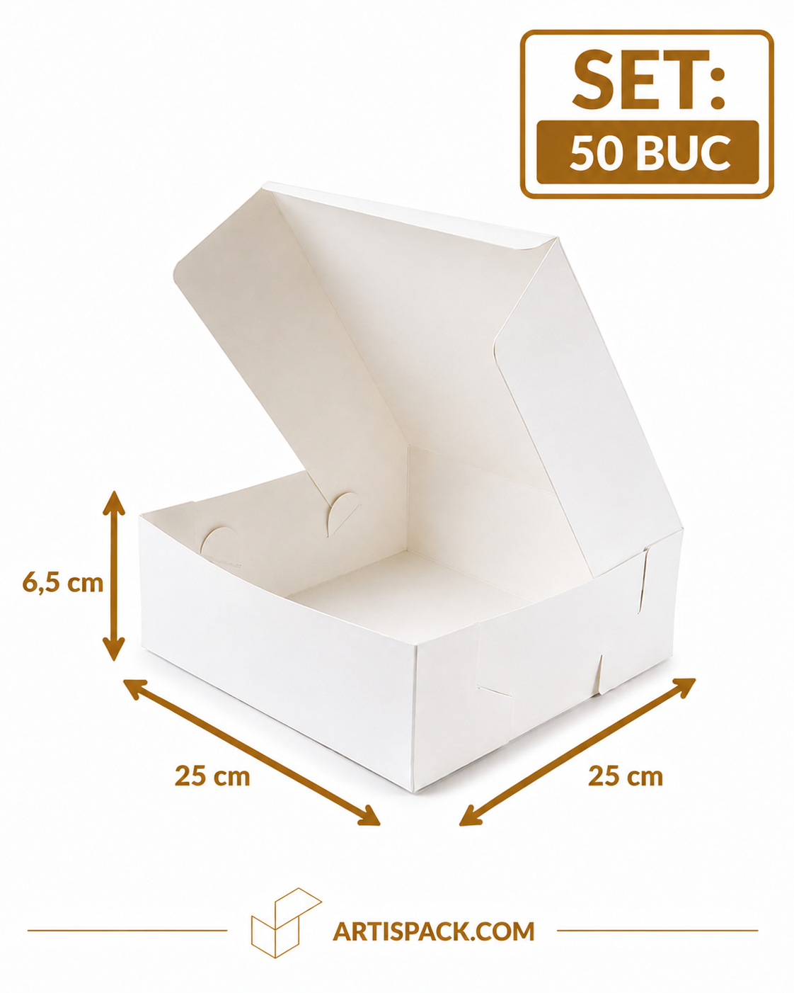 Cutie prajituri alba ArtisPack 25x25x6,5 cm set 50 bucati