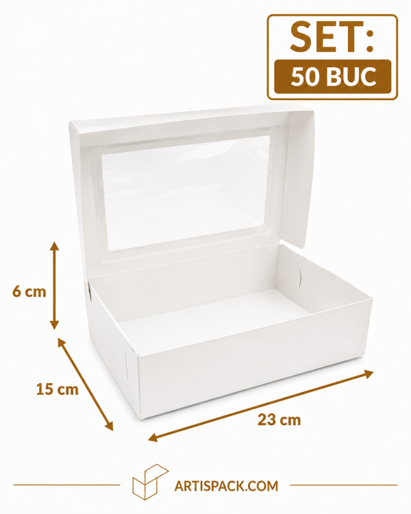 Cutie prajituri alba cu geam 23x15x6 cm 50 buc ArtisPack Cutie prajituri cu geam 23x15x6 cm ArtisPack set 50 bucati