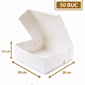 Cutie prajituri alba ArtisPack 30x30x6,5 cm set 50 bucati