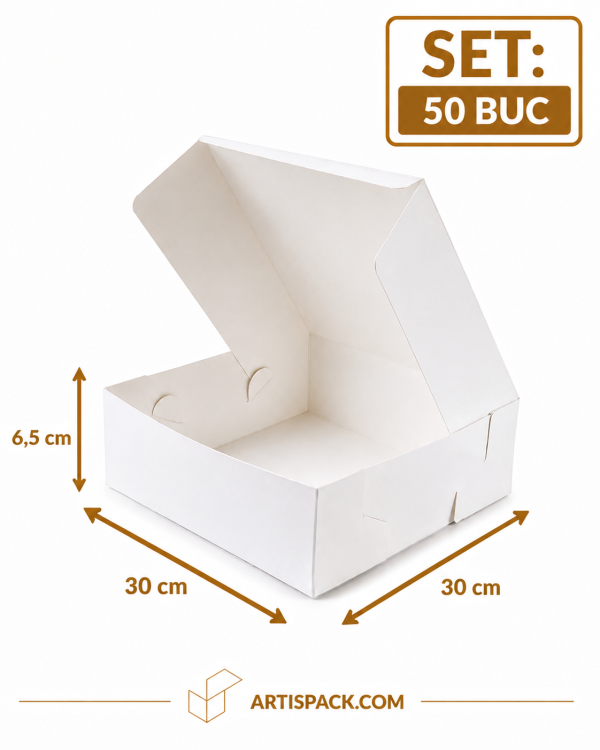 Cutie prajituri alba ArtisPack 30x30x6,5 cm set 50 bucati