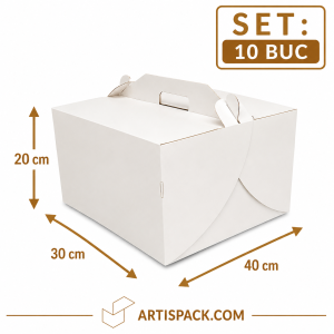 Cutie tort cu maner 30x40x20 cm ArtisPack alb kraft set 10 bucati