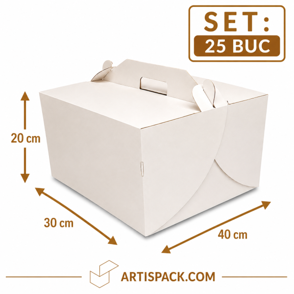 Cutie tort cu maner 30x40x20 cm ArtisPack alb kraft set 25 bucati