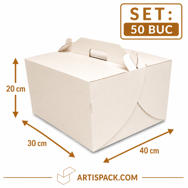 Cutie tort cu maner 30x40x20 cm ArtisPack alb kraft set 50 bucati