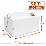 Cutie tort cu maner 30x40x15 ArtisPack alb kraft set 100 bucati
