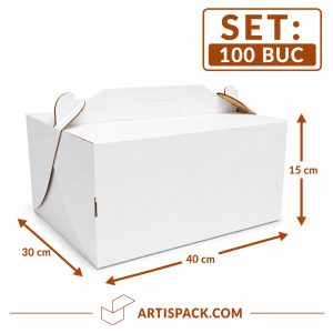 Cutie tort cu maner 30x40x15 ArtisPack alb kraft set 100 bucati
