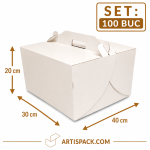 Cutie tort cu maner 30x40x20 cm ArtisPack alb kraft set 100 bucati