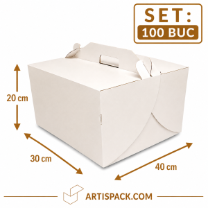 Cutie tort cu maner 30x40x20 cm ArtisPack alb kraft set 100 bucati