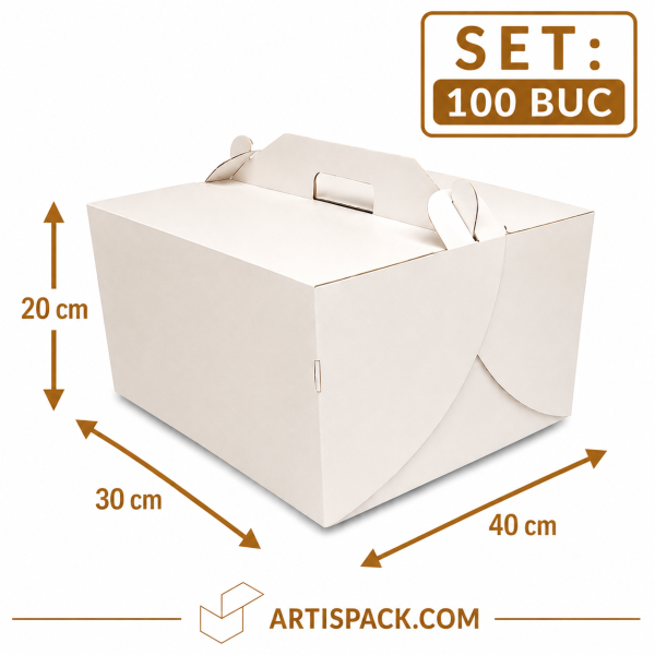 Cutie tort alb kraft cu maner 30x40x20 cm ArtisPack 100 buc Cutie tort cu maner 30x40x20 cm ArtisPack alb kraft set 100 bucati