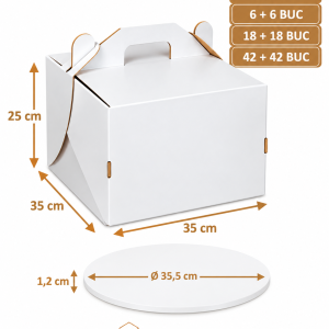 Set cutie tort 35×35×25 cm cu mâner și platformă rotundă albă O35×H1,2 cm Art