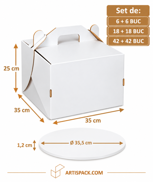 Set cutie tort 35×35×25 cm cu mâner și platformă rotundă albă O35×H1,2 cm Art