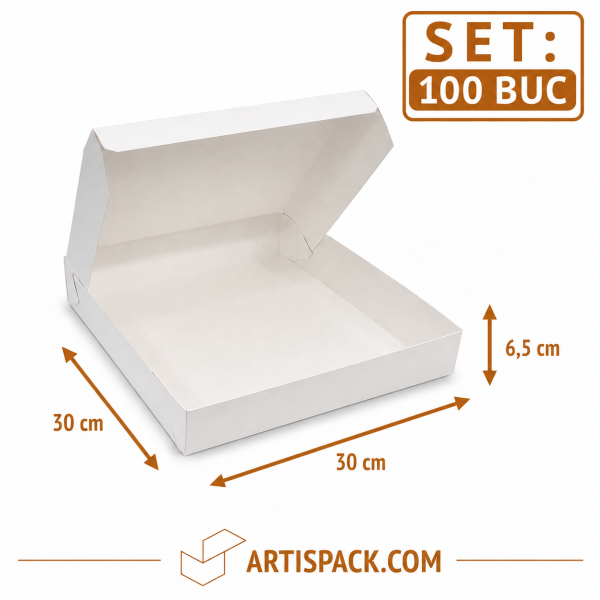 Cutie prajituri alba ArtisPack 30x30x6,5 cm set 100 bucati