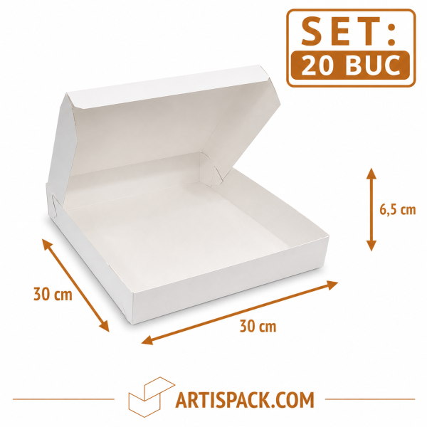 Text ALT: Cutie prajituri alba ArtisPack 30x30x6,5 cm set 20 bucati