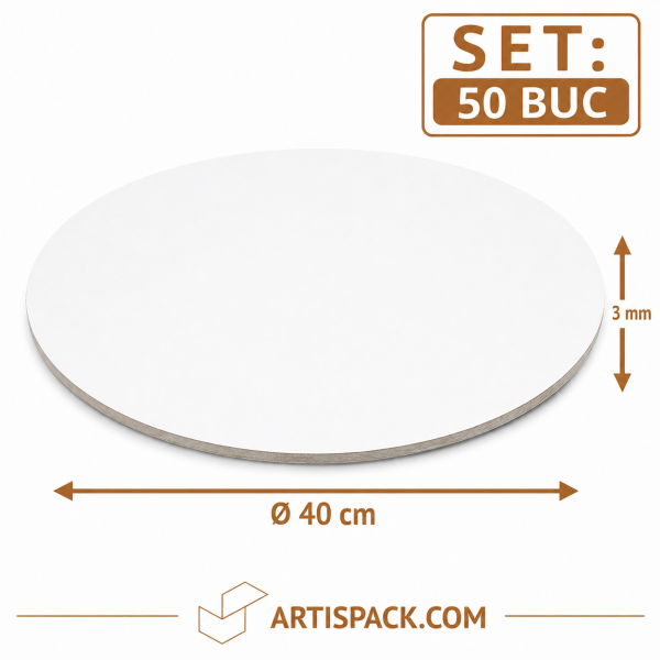Disc gros tort rotund alb kraft O40 cm 3 mm ArtisPack 50 buc Disc gros tort rotund alb kraft O40 cm 3 mm din carton alimentar ArtisPack