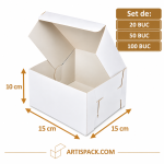 Cutie tort albă 15×15×10 cm, ArtisPack – seturi de 20, 50 și 100 bucăți.