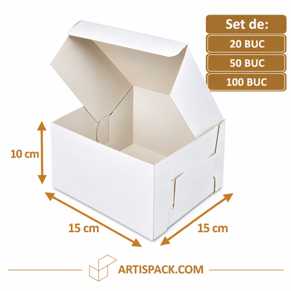 Cutie tort albă 15×15×10 cm, ArtisPack – seturi de 20, 50 și 100 bucăți.