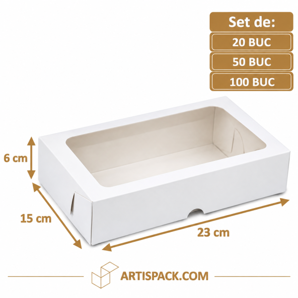 Cutie prăjituri albă cu fereastră 23×15×6 cm ArtisPack, pentru ambalarea și prezentarea prăjiturilor.