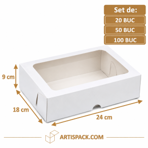 Cutie prăjituri albă cu fereastră 24×18×9 cm ArtisPack pentru ambalarea și prezentarea prăjiturilor.