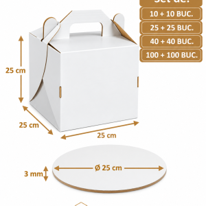 Set cutie tort alb/kraft cu maner 25x25x25 cm cu Disc gros tort alb/kraft O25 cm 3 mm Art