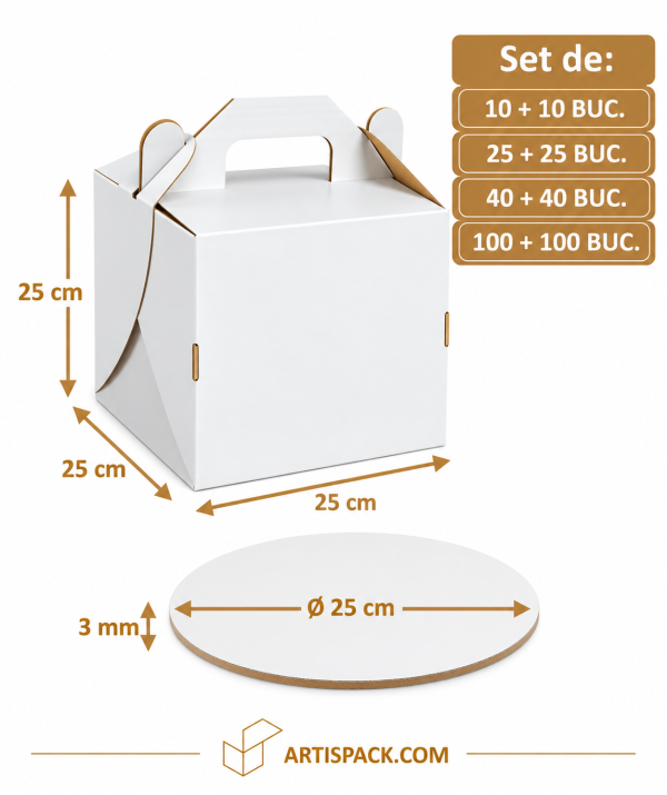 Set cutie tort alb/kraft cu maner 25x25x25 cm cu Disc gros tort alb/kraft O25 cm 3 mm Art