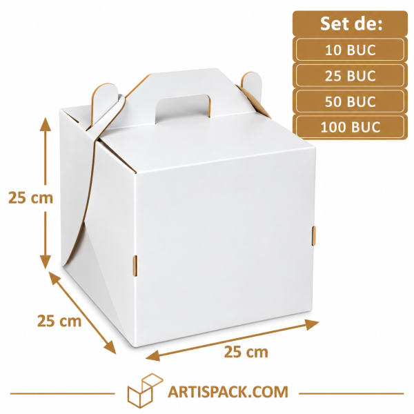 Cutie tort alb/kraft cu mâner 25x25x25 cm ArtisPack