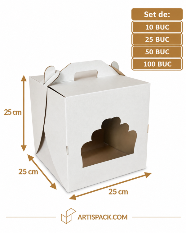 Cutie tort alb/kraft cu fereastră 25x25x25 cm ArtisPack