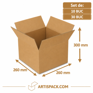 Cutie de transport din carton ArtisPack, dimensiuni 260x260x300 mm, pentru ambalarea, protejarea și transportul produselor.