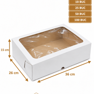 Cutie tort alb/kraft cu fereastră 26×36×15 cm ArtisPack, pentru ambalarea și transportul torturilor.