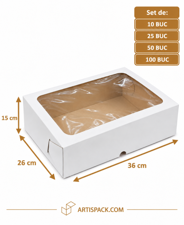 Cutie tort alb/kraft cu fereastră 26×36×15 cm ArtisPack, pentru ambalarea și transportul torturilor.